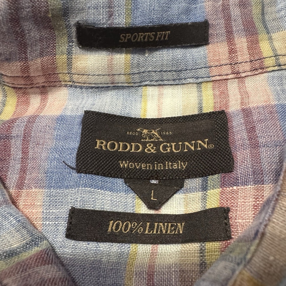 Rodd & Gunn Linen Shirt Men Large Plaid Blue Pink Short Sleeve Button Up - Picture 2 of 8